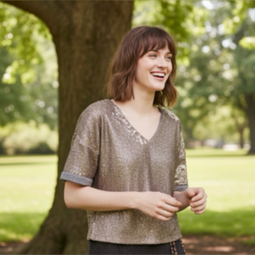 ANTHROPOLOGIE Deletta Gold Sequin V-neck Tee Shirt - Picture 5 of 11
